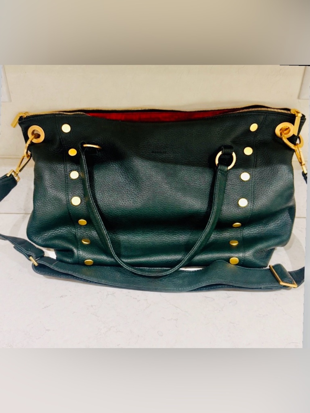 Hammitt Dark Green Leather Tote with Gold Studs - Picture 1 of 3